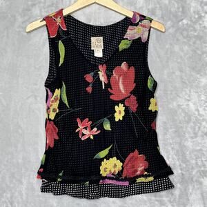 Vintage Y2K f.l. malik Tank Top Womens Small Black Floral Polka Dot Blouse Rayon